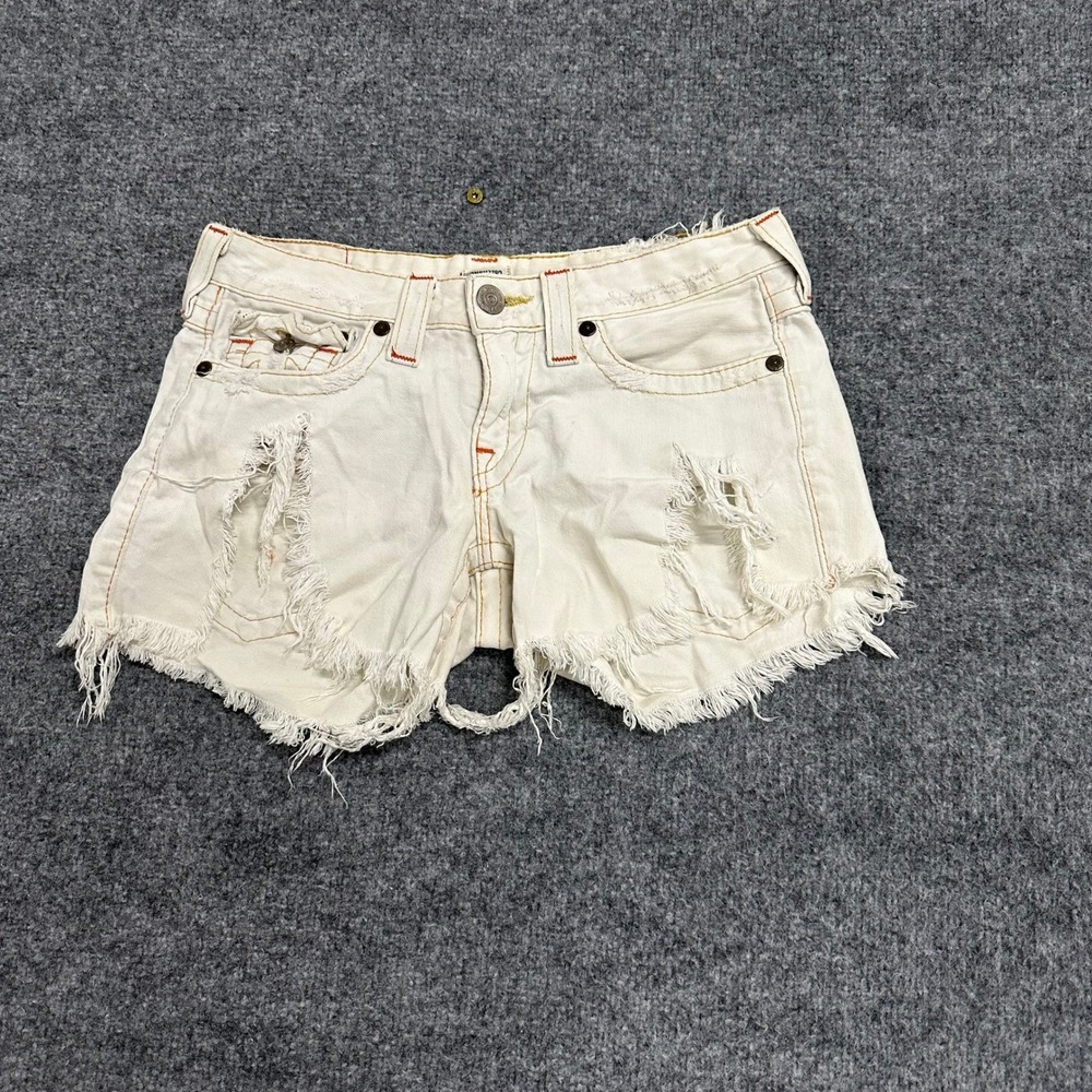 True Religion Jean Shorts Womens Size 28 White Distressed Frayed Joey USA Made